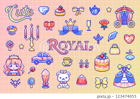 Royal Pixel Art Designs and Patterns with Cartoon Princess Elements and Cute 8 Bit Retro Pastel Aesthetic, Cute pixel art princess and royal icons collection 123474055