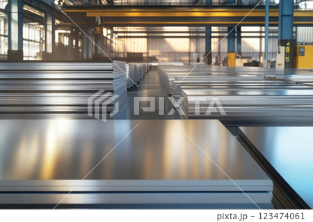 An industrial warehouse or production hall where stainless steel sheets are mainly stored and processed. 123474061