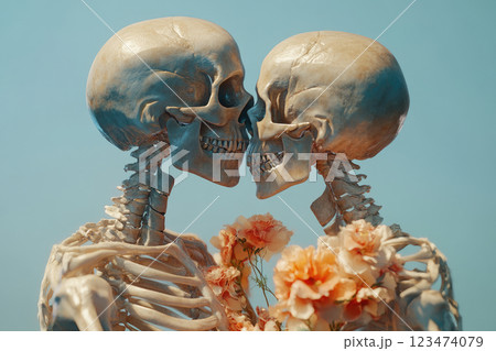 Human skull lovers kissing. Pair of skeleton kissing, endless love concept. 123474079