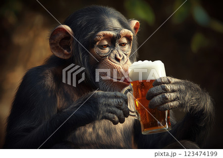 A monkey holding big glass of a cold beer. Funny picture for party invitation. 123474199