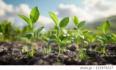 Small green plants is growing in the garden. New beginning concept. Small green plants is growing in the garden. New beginning concept. 123474227
