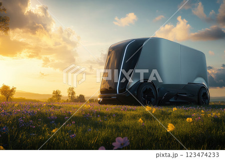 Futuristic electric truck with cargo staying in the field of grass and flowers under afternoon sky. 123474233