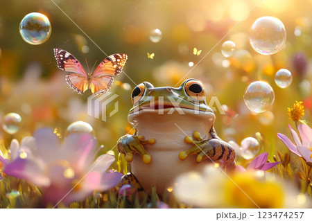 Cute frog is having fun in the sunny field with flowers, bubbles and butterflies. 123474257