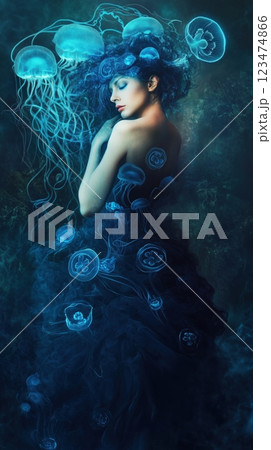 深海を漂う透明なクラゲと女性の幻想的なポートレート 深海を漂う透明なクラゲと女性の幻想的なポートレート 123474866