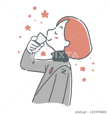 お猪口でお酒を飲んで気分がいい様子の女性のイラスト 123474888