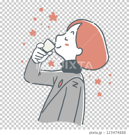 お猪口でお酒を飲んで気分がいい様子の女性のイラスト 123474888