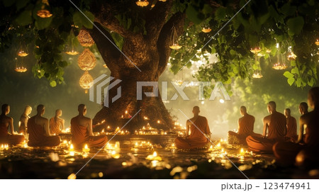Serene image of Buddhist monks meditating under a bodhi tree during Vesak, surrounded by candles, lotus flowers, and spiritual symbols, peaceful and mindful ambiance. 123474941