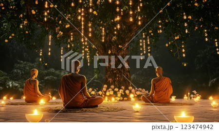 Serene image of Buddhist monks meditating under a bodhi tree during Vesak, surrounded by candles, lotus flowers, and spiritual symbols, peaceful and mindful ambiance. 123474942
