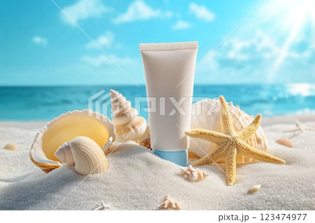 An unlabeled cosmetic tube decorated with starfish and shells on a white sand background. Beach scene for cosmetics advertisement with sunlight. 123474977