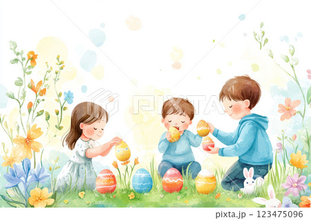 Easter themed picture: boy and girl decorating eggs for the holiday 123475096