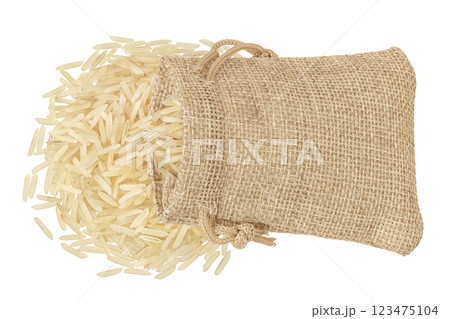 rice basmati in a bag isolated on white background. Top view. Flat lay 123475104