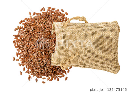 flaxseed in a bag isolated on white background. Top view. Flat lay 123475146