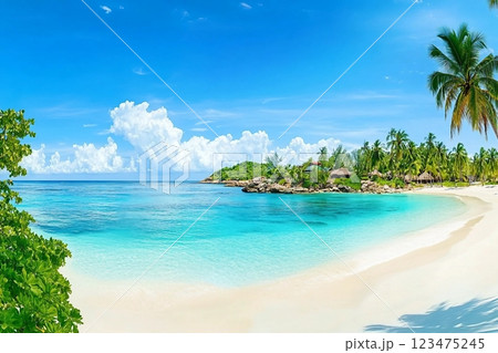 Beautiful beach with white sand, turquoise ocean, green palm trees and blue sky with clouds on Sunny day. Summer tropical landscape, panoramic view. 123475245