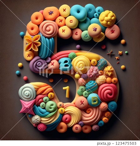 Number 5 made of colorful sweets and candies. 3D rendering 123475503