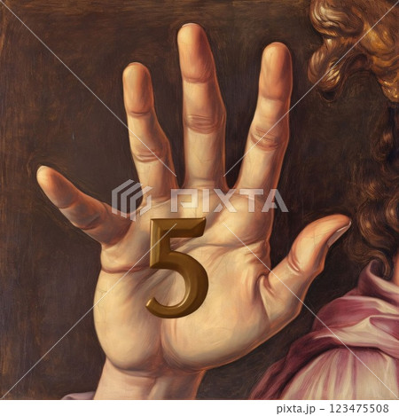 Number five painted on the hand of a woman in a pink dress 123475508