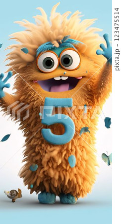 Funny monster with number 5. 3d illustration. Cartoon character. Funny monster with number 5. 3d illustration. Cartoon character. 123475514