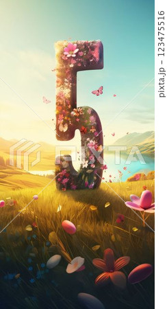 3D rendering of the number 5 with flowers and butterflies in a meadow 123475516