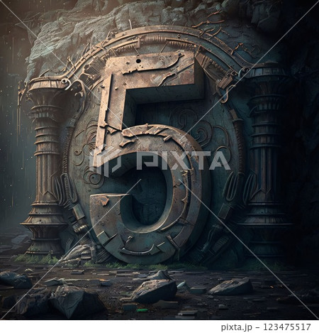 3D rendering of an old metal number 5 in a fantasy scene 123475517