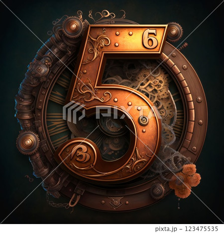 number five with gears and cogs on a dark background. 3d illustration 123475535