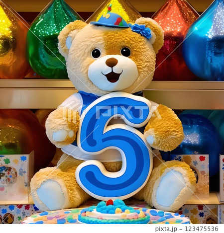 Cute teddy bear with number 6 birthday cake on the background of colorful balloons 123475536