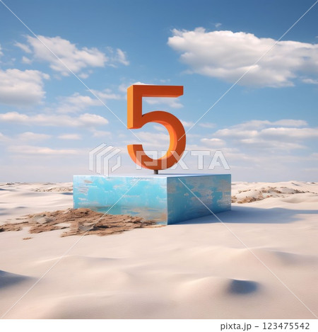 3d render of number five on the beach with blue sky background 123475542