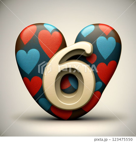 Number 6 in heart shape isolated on white background. 3d render 123475550