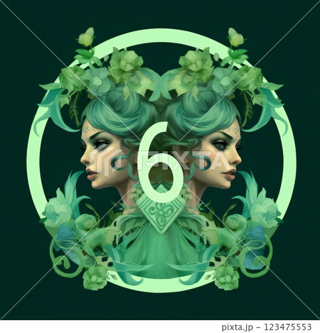 Beautiful girl with green hair and flowers in the form of a circle. Beautiful girl with green hair and flowers in the form of a circle. 123475553