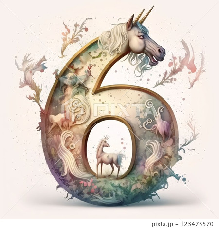 Number six with unicorn and floral ornament, digital watercolor painting. Number six with unicorn and floral ornament, digital watercolor painting. 123475570