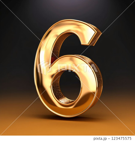 black background golden number 6. 3d rendered font. 123475575
