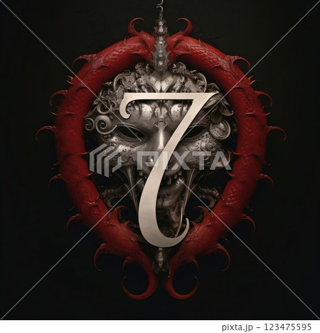Vintage gothic shield with number seven. 3d rendering 123475595