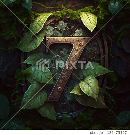 number seven with green leaves in the background. 3d illustration. 123475597