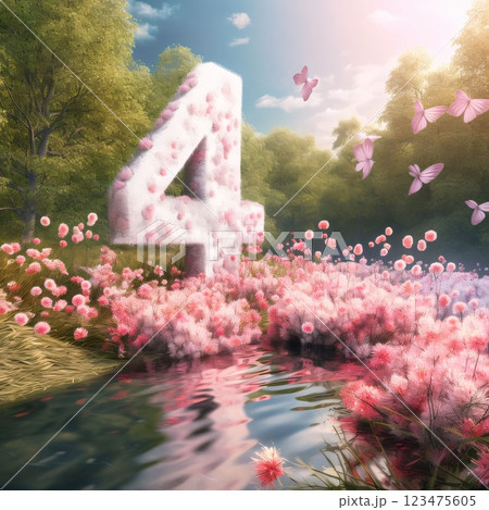 Number 4 surrounded by flowers and butterflies. 3D render illustration. 123475605