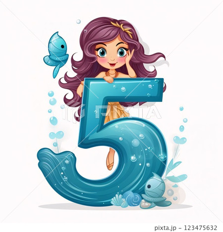 Cute little mermaid with number five. Vector cartoon illustration. Cute little mermaid with number five. Vector cartoon illustration. 123475632