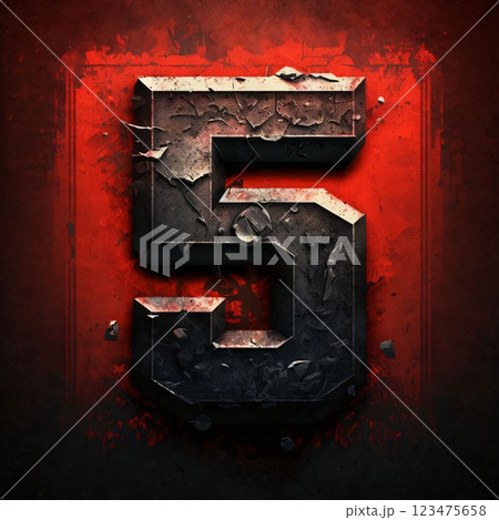 grunge metal number 5 on red concrete background. 3d rendering grunge metal number 5 on red concrete background. 3d rendering 123475658