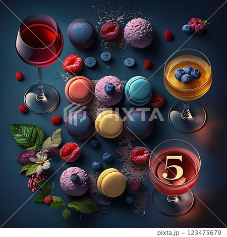 Glasses of red wine, macaroons, blueberries, raspberries and strawberries on a dark background 123475679