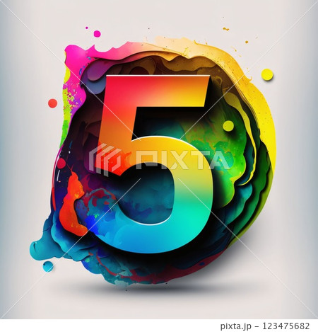5 number on colorful watercolor paint splash background. Vector illustration. 123475682
