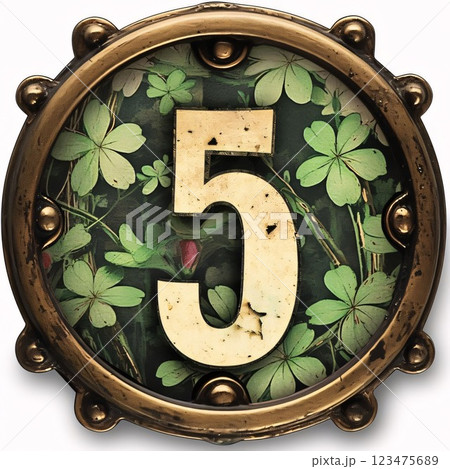 Number 5 with four leaf clover in vintage metal frame on white background 123475689