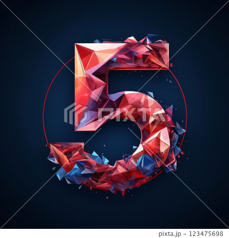 Number 5, low poly style font made of triangles, vector illustration 123475698