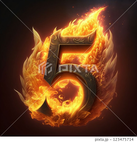 Fiery number five on a dark background. 3D illustration. Fiery number five on a dark background. 3D illustration. 123475714