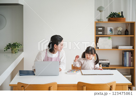 子育てしながらテレワークをする女性 子育てしながらテレワークをする女性 123475861