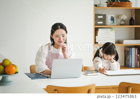 リビングでテレワークをする女性とお絵描きをする子供 リビングでテレワークをする女性とお絵描きをする子供 123475863