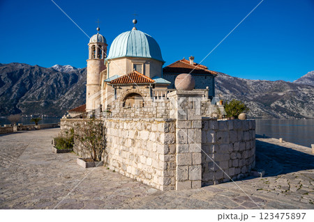 Saint George Island and Church of Our Lady of the Rocks near Perast in Montenegro. Boka Kotor bay, Europe.  123475897