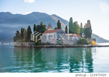 View from water of St. George Island near town Perast, Kotor bay, Montenegro 123475920