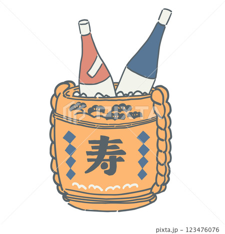 お酒の瓶が入った酒樽のイラスト 123476076