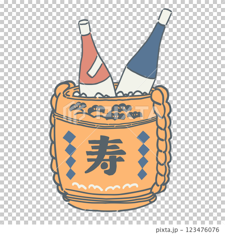 お酒の瓶が入った酒樽のイラスト 123476076