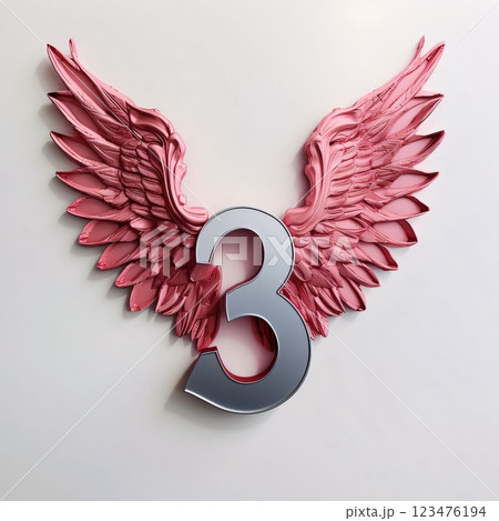 Number three with wings on a white background. 3D rendering. 123476194