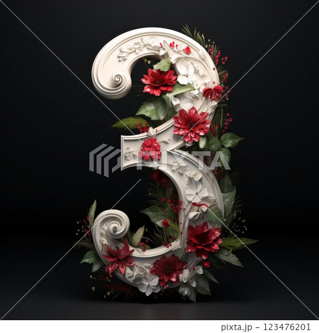 Number 3 made of flowers and leaves on black background. 3d render Number 3 made of flowers and leaves on black background. 3d render 123476201