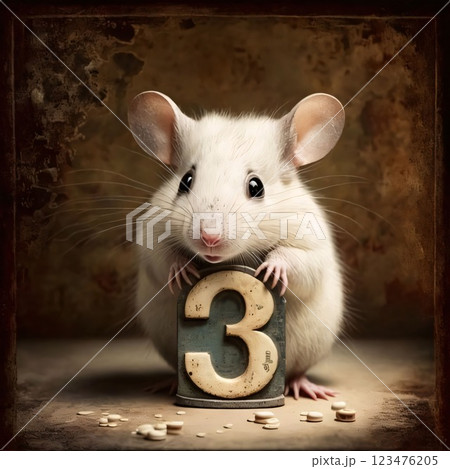 White rat with a wooden number three and pills. Vintage background. White rat with a wooden number three and pills. Vintage background. 123476205