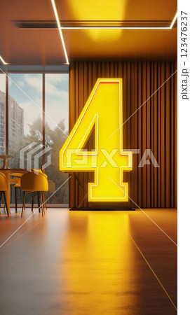 Orange coffee shop interior with yellow number 4. 3D Rendering 123476237