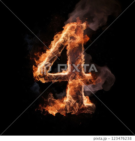 Number four made of burning fire with smoke isolated on black background. 123476238